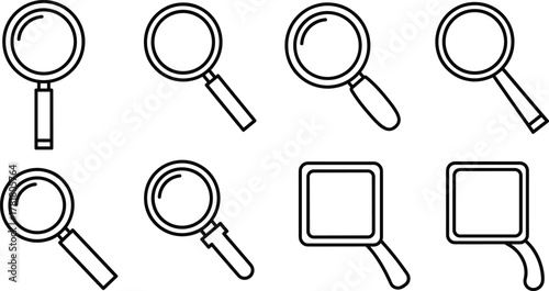 Magnifying glass vector set, black and white illustration, circular and square designs, handle variations, vintage style, optical tool, search icon