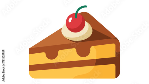 Slice of Delicious Cake: An appetizing slice of cake, artfully adorned with a vibrant red cherry on top, tempts with its rich layers, perfect for a special treat.