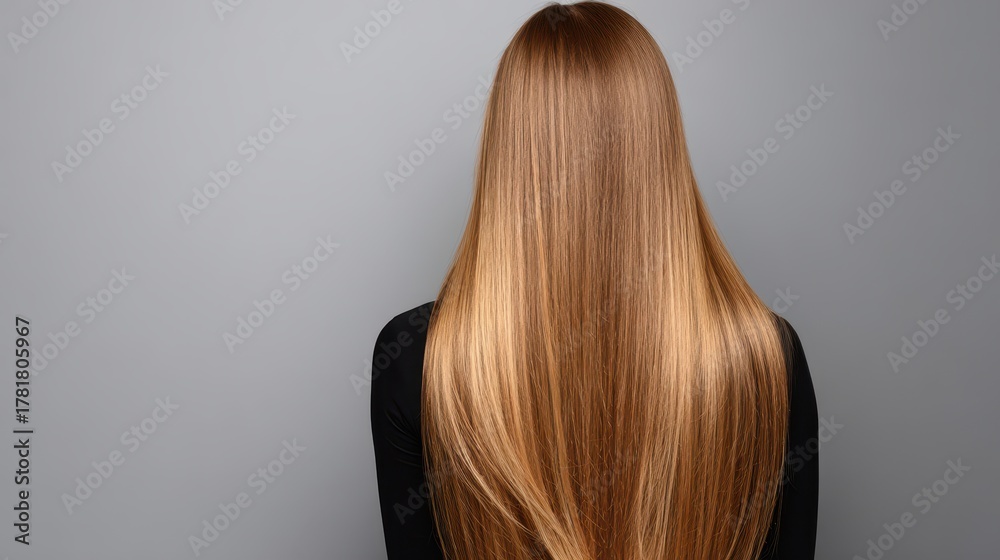 Naklejka premium Long straight honey blonde hair flowing smoothly down the back in a simple and elegant style against a plain background