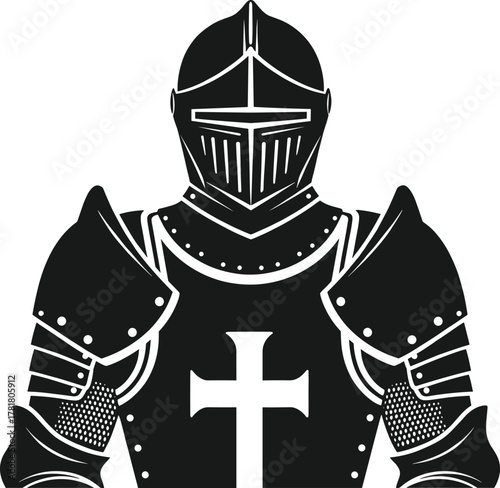 Medieval knight vector, black and white illustration, full armor bust, crusader with cross, historical warrior, heraldic design, vintage engraving style