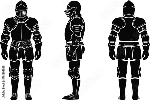 Medieval knight full armor, front side back view, black and white vector, historical warrior gear, plate armor illustration, heraldic costume design