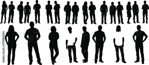 Standing human silhouette set, black vector illustration, diverse male and female poses, casual stances, body language icons, minimal style, people concept