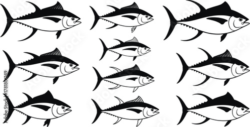 Tuna fish silhouette grid, black vector illustration, stylized marine icons, fin and tail variations, aquatic animal design, minimal style, ocean theme