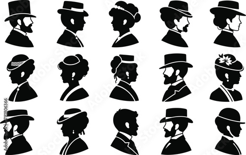 Vintage profile silhouette set, black vector illustration, historical fashion icons, male and female characters, hats and hairstyles, side view, period style