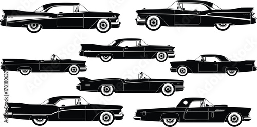 Vintage car silhouette set, black vector illustration, classic automobile profiles, retro vehicle icons, side view design, mid-century style, minimal layout