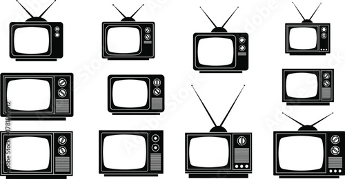 Vintage television silhouette set, black vector illustration, retro TV designs, old screen styles, antenna and dial features, minimal tech icons, nostalgic look