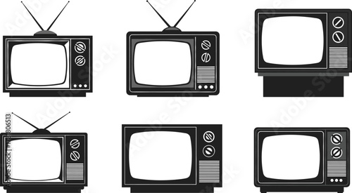 Vintage television silhouette set, black vector illustration, retro TV designs, CRT screen styles, antenna and dial features, old tech icons, minimal layout