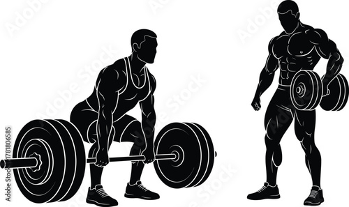 Weightlifting silhouette icon set, black vector illustration, deadlift and dumbbell poses, strength training form, gym workout style, fitness concept, minimal design