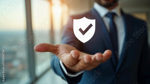 Businessman holding security shield checkmark icon office with suit and hand conveying trust confidence protection and reliable professional service