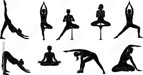 Yoga posture silhouette set, black vector illustration, flexibility and balance poses, meditation and strength icons, wellness concept, minimal style, fitness theme