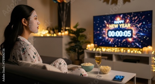 Woman with facial mask in cozy pajamas, sitting on sofa, enjoying New Year countdown on television, surrounded by festive decorations and warm ambient lighting
