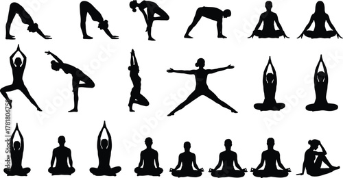 Yoga silhouette icon set, black vector illustration, seated and standing poses, flexibility and balance postures, wellness concept, fitness theme, minimal style