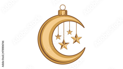 Celestial Ornament: A golden crescent moon pendant with dangling stars, a festive representation of night sky magic and celestial beauty, ideal for holidays and spiritual theme.