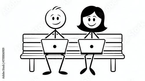 Two stick figures, a man and a woman, sitting on a bench with laptops