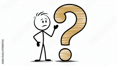 Confused stick figure standing next to a large question mark isolated on white background