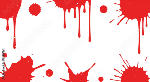 A pattern of various red paint splatters  drips is spread across a white backdrop