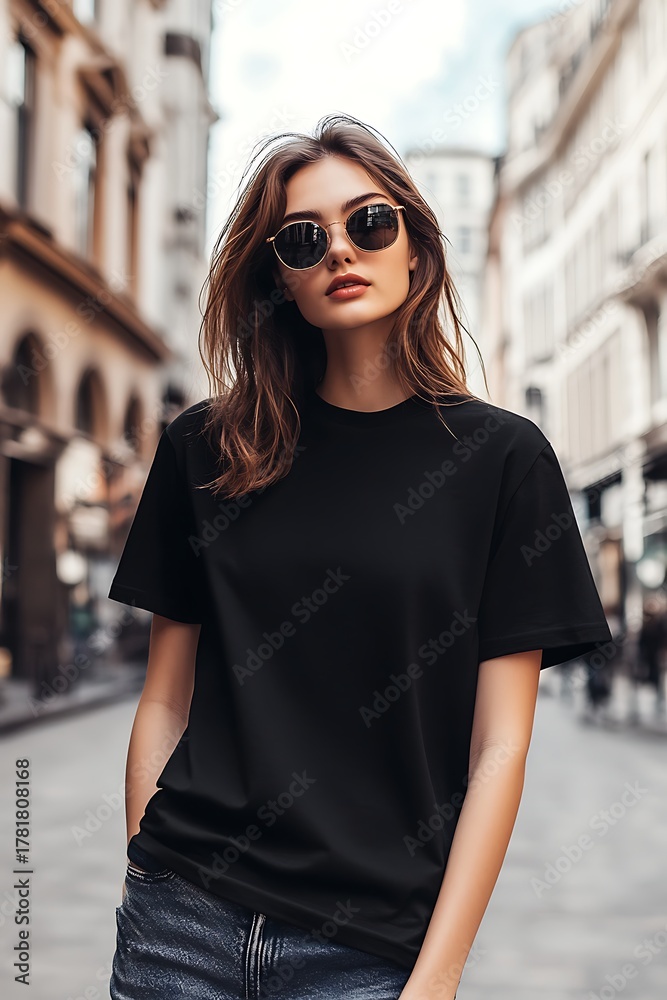 Obraz premium Girl in Black T-Shirt Modeling on City Street Sunny Day Urban Fashion Shoot for Modern Appeal in Sunny Day Background Stylish Sunglasses and Casual Wear