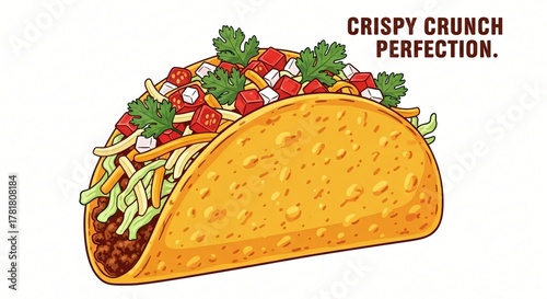 Crispy crunch perfection of a loaded taco, a savory mexican dish filled with seasoned meat, cheese, lettuce, and salsa, isolated on white background