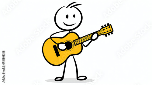 Stick figure playing a yellow acoustic guitar isolated on white background