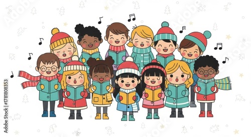 Group of diverse children singing joyfully in winter attire, with colorful hats and scarves, surrounded by musical notes and festive decorations, celebrating the holiday spirit
