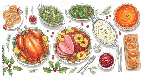 Festive holiday dinner spread featuring roasted turkey, glazed ham, mashed potatoes, green beans, cranberry sauce, and assorted desserts, creating a warm and inviting atmosphere for celebration