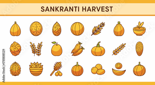 A grid of 18 yellow and orange harvestthemed icons under the heading Sankranti Harvest