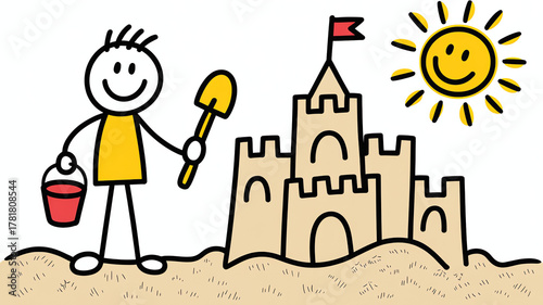 Stick figure child with shovel and bucket building a sandcastle on a sunny beach
