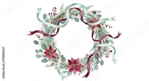 Beautiful floral wreath illustration featuring red poinsettias, green eucalyptus leaves, and elegant ribbons, perfect for holiday decorations and seasonal celebrations with copy space