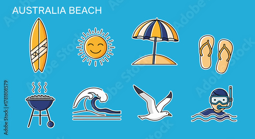 A set of eight cartoon icons related to an Australian beach setting on a blue background