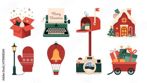 Christmas Festive Elements: An arrangement of various festive elements, including a cozy house, decorative ornaments, a retro typewriter, a classic mailbox, and wrapped gifts.