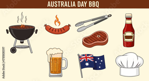 An illustration of items for an Australia Day barbecue including a grill food and flag