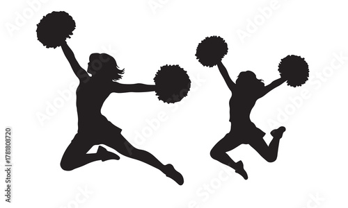 Dynamic cheerleader silhouette poses with pom poms silhouette