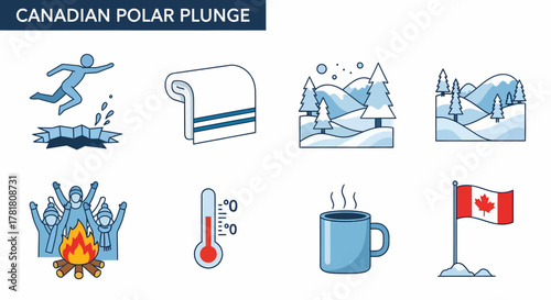 Canadian Polar Plunge icons showing jumping into ice towel winter landscapes bonfire thermometer mug and flag