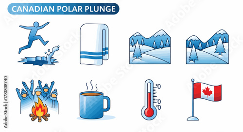 Canadian Polar Plunge icons showing jumping into ice towel snow scenes bonfire mug thermometer and flag