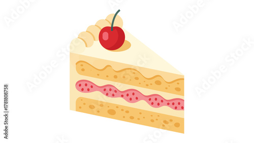 Delightful Slice of Cake: A delectable slice of layered cake, adorned with creamy frosting and a vibrant cherry, evokes a sense of pure indulgence and festive celebration.