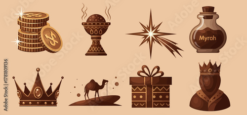Eight brown illustrations representing gifts travel royalty and light against a tan background