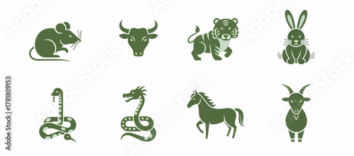 Eight green icons representing the Chinese Zodiac animals arranged in two rows