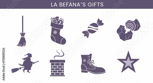 Eight purple silhouette icons related to La Befana broom stocking candy broken rock candy witch flying chimney boot star