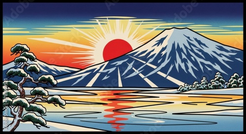 Vibrant landscape illustration featuring majestic mountain, rising sun, and serene lake, surrounded by lush trees, capturing the beauty of nature in a colorful artistic style