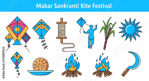 Flat icons related to Makar Sankranti kites spool person sugarcane sun sweet fire sickle