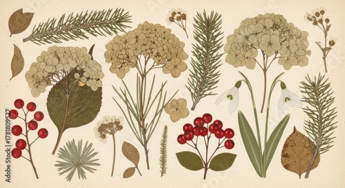 Botanical illustration featuring various plants, flowers, and leaves in earthy tones, showcasing nature's beauty and diversity with intricate details and textures