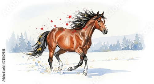 Brown horse galloping through a snowy landscape, with colorful splashes of paint in the background, showcasing the beauty of nature and the spirit of freedom in winter