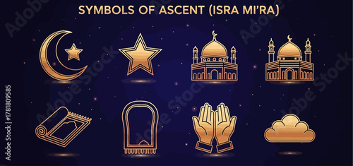 Golden line icons related to the Islamic Isra Miraj event on a starry dark blue background
