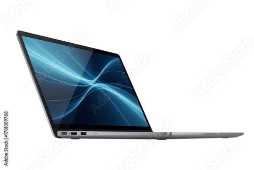 Modern laptop with a vibrant blue screen displaying an abstract design, perfect for showcasing technology, isolated on transparent background