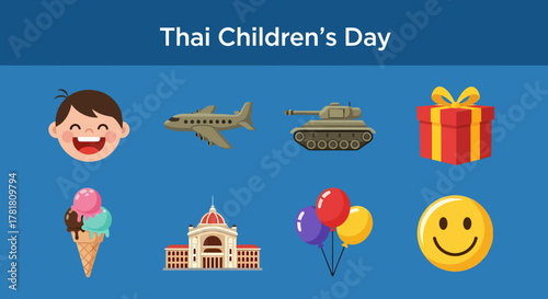 Graphic depicting icons related to Thai Childrens Day on a blue background