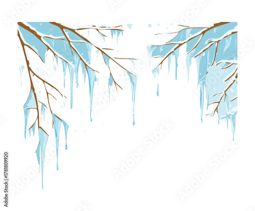 Delicate Icicles Hanging from Icy Winter Plant Branches and Twigs, Isolated on White Background for a Seasonal Border Design