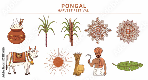 Illustration set for Pongal harvest festival with pottery crops cow sun and man