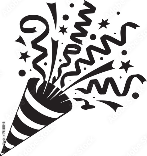 Black and white party popper exploding with confetti and streamers celebration
