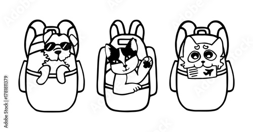 Vector black and white illustration of traveling with a pet. Happy pets sit in backpacks. Основные RGB