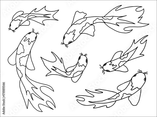 Set of black and white vector koi carp fish in doodle style Основные RGB